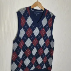 105_Tommy Hilfiger トミーヒルフィガー ラムウール ベスト アーガイル CHECK ネイビー ベスト