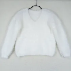 レディース 白 Vネック アンゴラ クロップド ニットTシャツ (F)