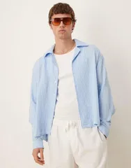 エイソス メンズ トップス シャツ シアー ASOS DESIGN long sleeve sheer shirt in pale blue stripes BLUE ブルー