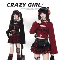 crazy girl クロップド長袖Tシャツ+ノースリーブTシャツ 2種 サブカルチャー パンク ゴス