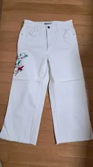 ザラ ベーシック 白 花刺繍 ワイド デニム 26