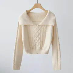 オフショルダーニット カラ― 長袖 ベージュ アイボリー ケーブル編み