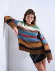 トップショップ レディース アウター ニット・セーター Topshop knit fluffy striped sweater in multi マルチカラーのサムネイル