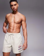 エイソス メンズ 水着 ハーフパンツ・ショーツ プリント ショートパンツ レース ASOS DESIGN swim shorts in mid length with placement print BEIGE ベージュ