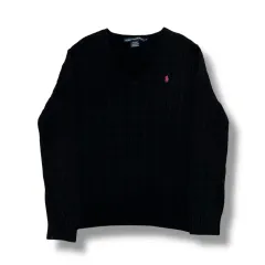 Polo Ralph Lauren レディース ピンクポニー ブラック ケーブル Vネック ニット