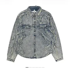 H&M グレンマーティンズ ディストレスドルック デニムシャツ ライトデニムブルー