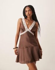 에이소스 레이디스 탑스 원피스 미니 원피스 미니 새틴 레이스 ASOS DESIGN satin flippy mini dress with lace details in chocolate Chocolate 초콜릿