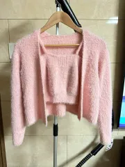 新品) ピンク アンゴラ ノースリーブ カーディガン セット