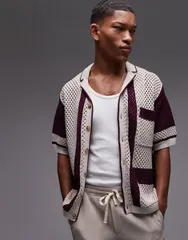 トップマン メンズ トップス ポロシャツ Topman relaxed crochet button up polo with abstract detail in mauve PINK ピンクのサムネイル