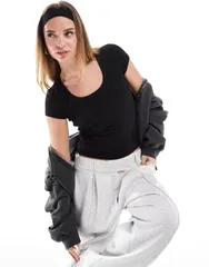 コットンオン レディース トップス Tシャツ コットン CottonOn Cotton On Byron square neck short sleeve top Black ブラック