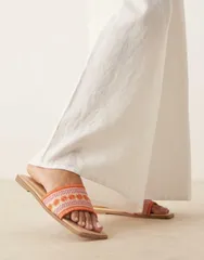 エイソス レディース シューズ サンダル ASOS DESIGN Fig square toe flat mule sandals with embroidery in natural NATURALのサムネイル