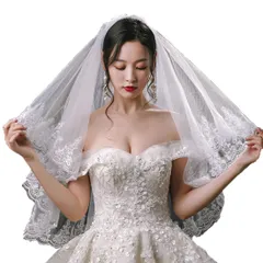ウエディングベール ショートベール 花嫁ベール レース花 ショートベール 二段ベール コーム付き 金糸入り