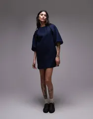 トップショップ レディース トップス ワンピース バルーンスリーブ ミニ デニム Topshop denim mini shift dress with balloon sleeves in raw look indigo INDIGO インディゴ