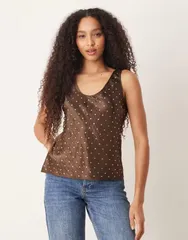 マンゴ レディース トップス タンクトップ サテン Mango satin embellished top in chocolate チョコレートのサムネイル