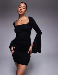 エイソス レディース トップス ワンピース オープンバック ミニワンピース ミニ ASOS DESIGN angel sleeve scoop neck open back mini dress black ブラック