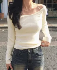 実際に着用X オフショルダー ホルターネック リボン 長袖 スリムフィット ニット