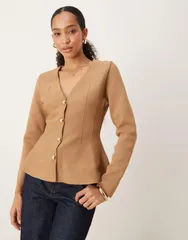 マンゴ レディース アウター カーディガン ニット ジャケット Mango compact knit jacket with flared hem BROWN ブラウンのサムネイル