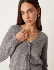 マンゴ レディース アウター カーディガン ウール Mango wool mix bow detail cardigan Gray グレーのサムネイル
