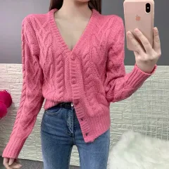 ピンク ケーブル編み ニット カーディガン