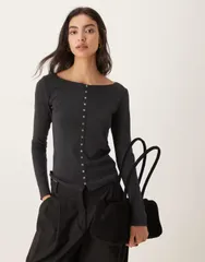 マンゴ レディース アウター カーディガン コットン Mango cotton mix round neck cardigan in charcoal CHARCOAL チャコールのサムネイル