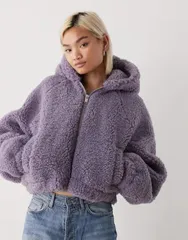 モンキ レディース アウター コート フーデッドジャケット ジャケット Monki zip up teddy hooded jacket in lilac Lilac gray グレーのサムネイル