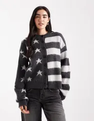 デイジーストリート レディース アウター カーディガン プリント Daisy Street spliced cardigan in stripes and stars print and BLACK WHITE ホワイト