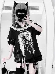 ララjk プリンティング リボン結び 半袖T 量産型 地雷系 サブカルチャー パンク