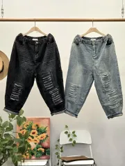 起毛ダメージウォッシュバギーデニムパンツ ブラック/ブルー