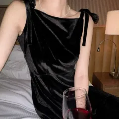 XL リボン紐 ブラック ベルベット ロング ワンピース パーティー衣装 冬コーデ デートコーデ