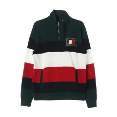 トミーヒルフィガー ストライプ ハーフジップアップ スウェットシャツ グリーン