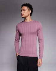 エイソス メンズ アウター ニット・セーター Tシャツ ニット ASOS DESIGN muscle fit long sleeve knit rib Tshirt in mauve MAUVEのサムネイル