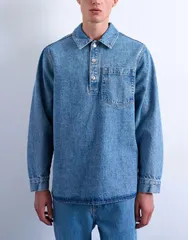 トップマン メンズ トップス シャツ リラックスフィット デニム Topman relaxed fit over the head denim shirt in mid wash Mid Wash デのサムネイル