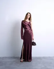 トップショップ レディース トップス ワンピース マキシワンピース サテン マキシ Topshop one sleeve twisted strap satin maxi dress in port royale Burgundy バーガンディ