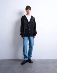 トップマン メンズ アウター カーディガン フラワー柄 ニット フラワー Topman knitted cardigan with floral embroidery Black ブラックのサムネイル