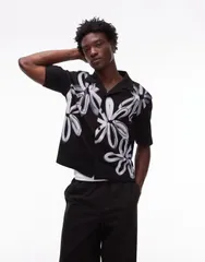 トップマン メンズ トップス シャツ フラワー柄 プリント ジャージー フラワー Topman boxy fit button up jersey shirt with floral print Blのサムネイル