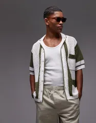 トップマン メンズ トップス ポロシャツ Topman relaxed crochet polo shirt with abstract detail button up STONE ストーンのサムネイル