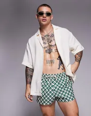 エイソス メンズ 水着 ハーフパンツ・ショーツ プリント ショートパンツ ASOS DESIGN super short length swim shorts geo print GREEN グリーン