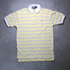 希少!! 90s Made in USA POLO RALPH LAUREN ポロ ラルフローレン ボーダー ポロシャツ Sサイズ イエロー ブルー ホワイト ポニー刺繍 激レア ヴィンテージ アメカジ 古着