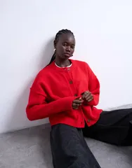トップショップ レディース アウター カーディガン ニット Topshop knit exposed seams relaxed cardigan Red レッドのサムネイル