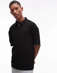 トップマン メンズ トップス ポロシャツ オーバーサイズフィット Topman premium oversized fit polo with zip placket Black ブラックのサムネイル