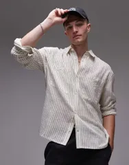 トップマン メンズ トップス シャツ Topman long sleeve relaxed cheesecloth striped shirt in cream STONE ストーンのサムネイル