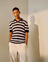 トップマン メンズ トップス ポロシャツ モノクロ シャツ Topman relaxed ladder stitch crochet polo shirt in monochrome MONOCHROのサムネイル