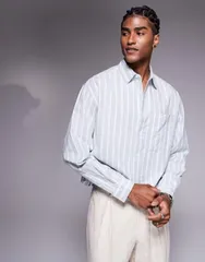 エイソス メンズ トップス シャツ ASOS DESIGN boxy oversized shirt and blue stripe Whiteblue ホワイト