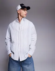 エイソス メンズ トップス シャツ ASOS DESIGN 90s oversized shirt and blue seersucker stripe Whiteblue ホワイト