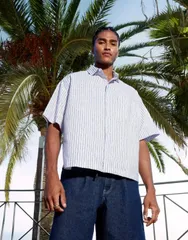 エイソス メンズ トップス シャツ ASOS DESIGN boxy oversized shirt blue and white stripe Whiteblue ホワイト