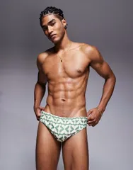 エイソス メンズ 水着 ハーフパンツ・ショーツ プリント ASOS DESIGN swim briefs and white geo print GreenWhite ホワイト