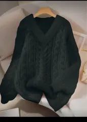 Vネック ケーブル編み ニット ブラック