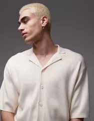 トップマン メンズ トップス ポロシャツ ニット Topman knit polo with camp collar in ecru Ecru エクリュのサムネイル