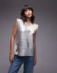 トップショップ レディース トップス ベスト プリント トール ニット Topshop knit metallic cable relaxed tank print SILVER シルバー