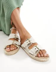 エイソス レディース シューズ サンダル リネン ASOS DESIGN Jada double buckle espadrille sandals in natural linen Naturalのサムネイル